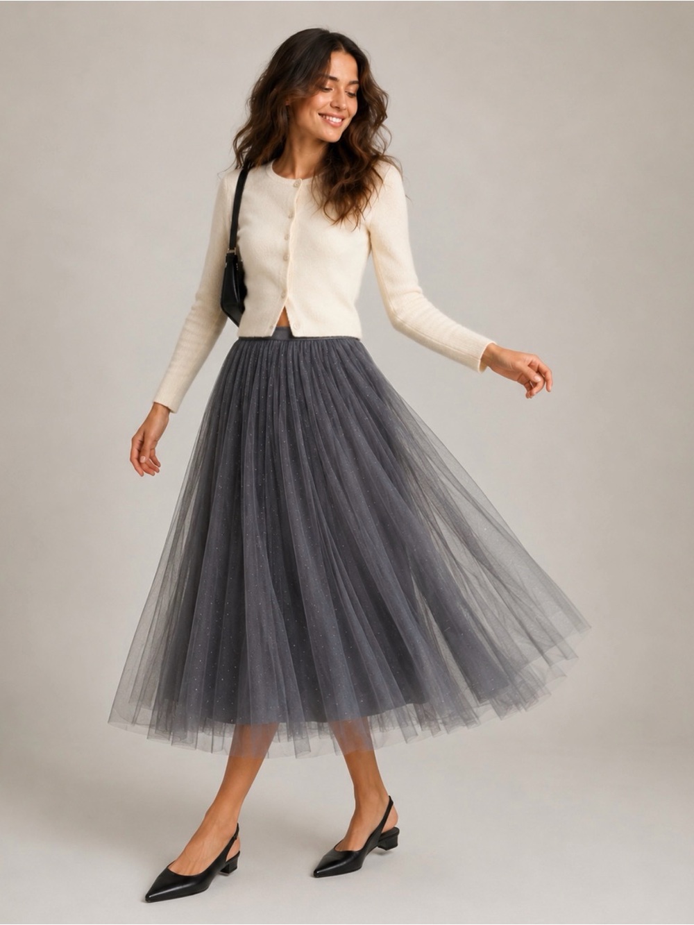 Dove  Grey Tulle Ballerina Midi Skirt Balletcore Sparkle Romantic Vintage Medium